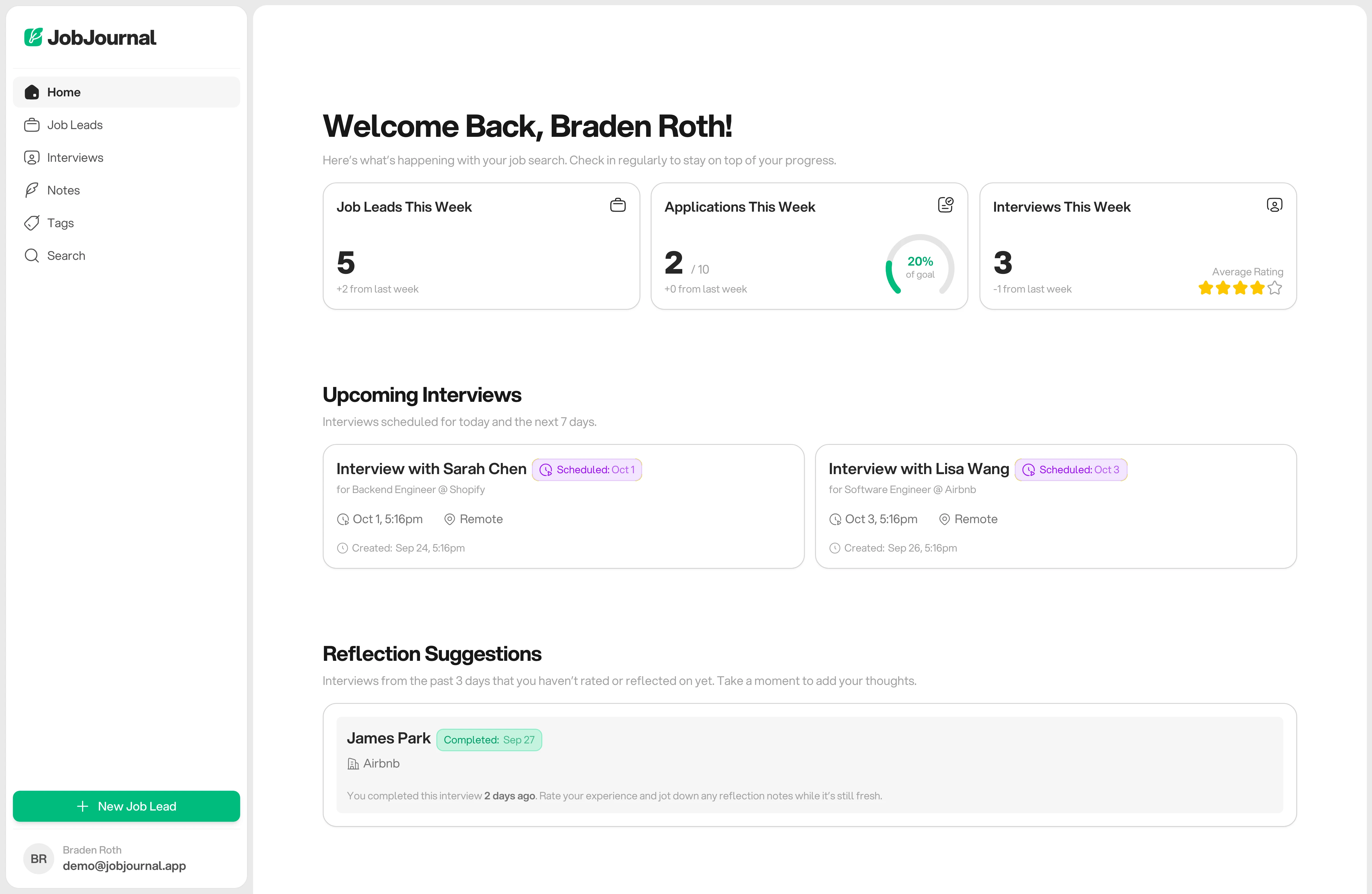JobJournal dashboard showing weekly stats, upcoming interviews, and follow-up suggestions