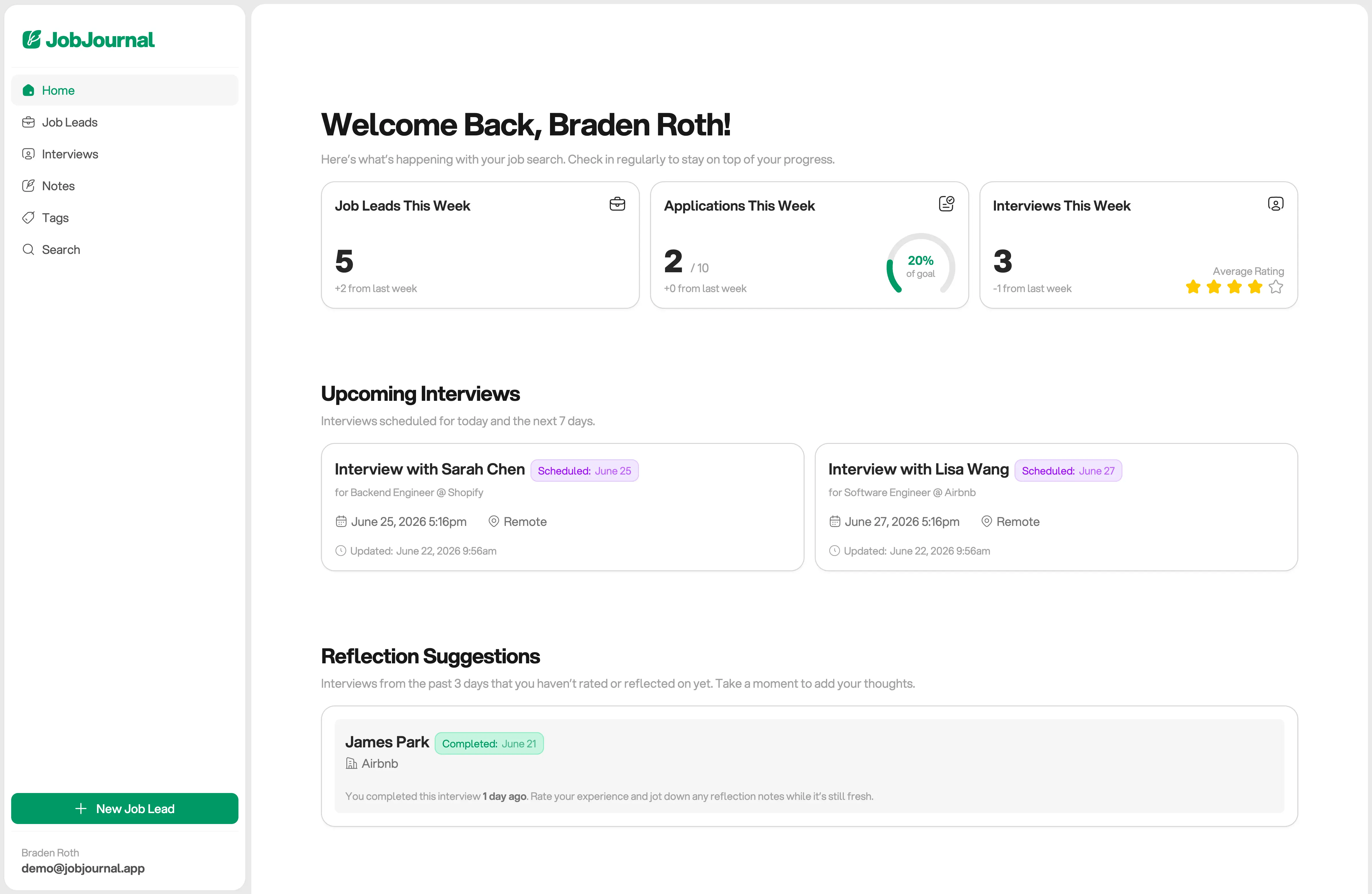 JobJournal dashboard showing weekly stats, upcoming interviews, and follow-up suggestions